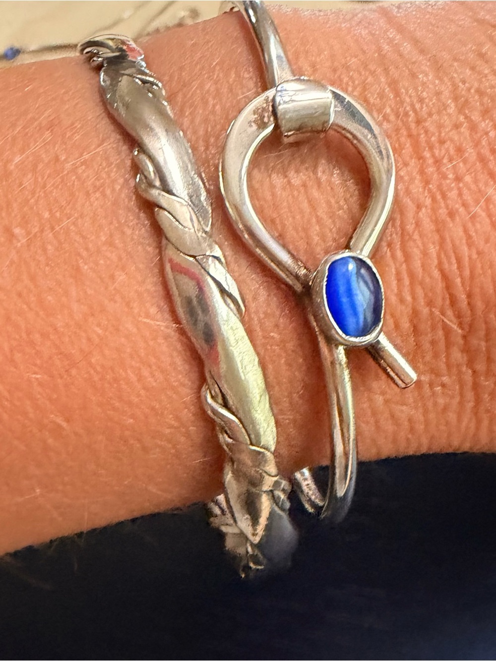 Sterling Silver Bangle set of 2 Bracelets with Blue Cabochon Accent